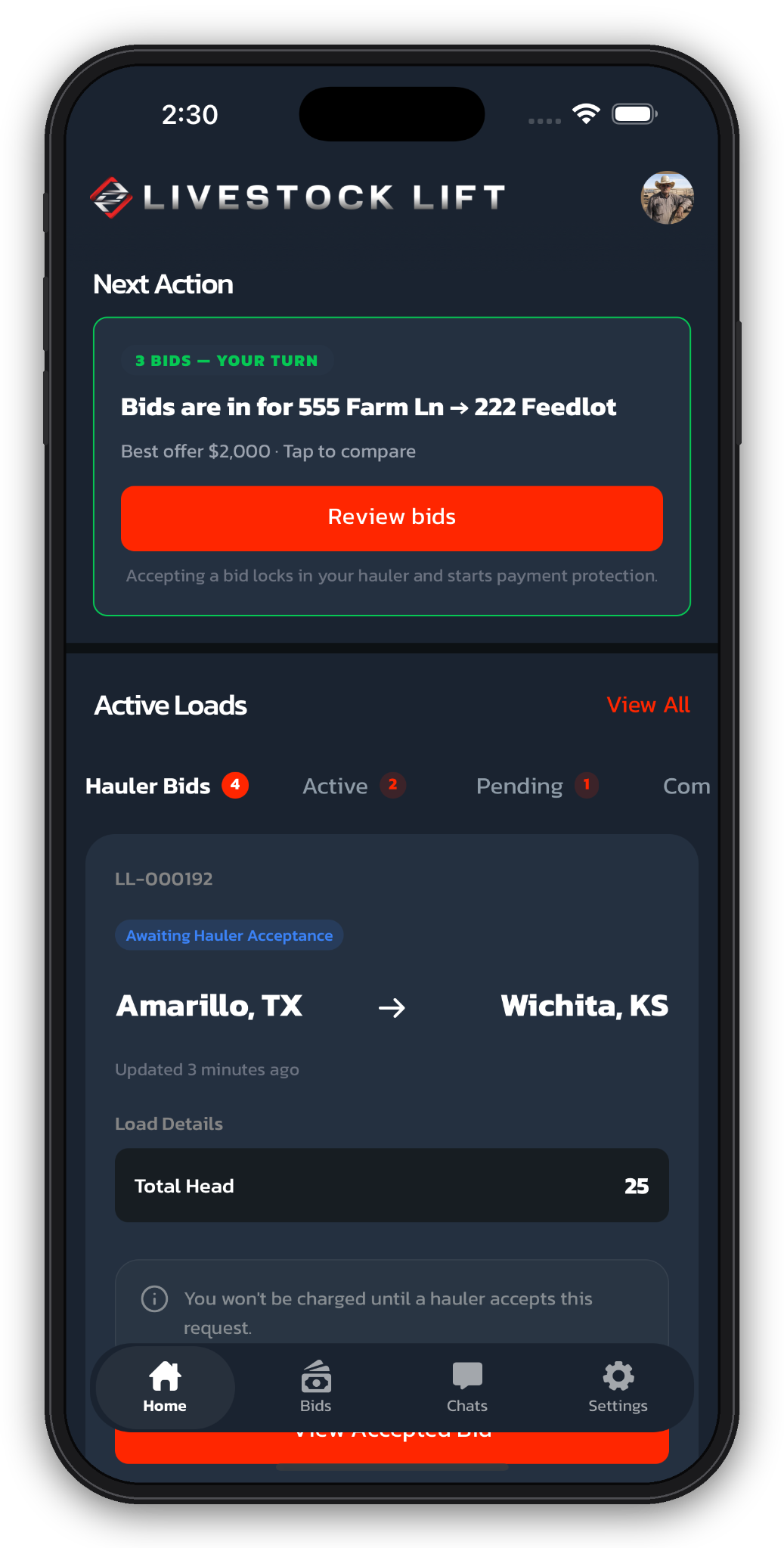 Livestock Lift home screen showing bids ready for review and a load awaiting hauler acceptance.