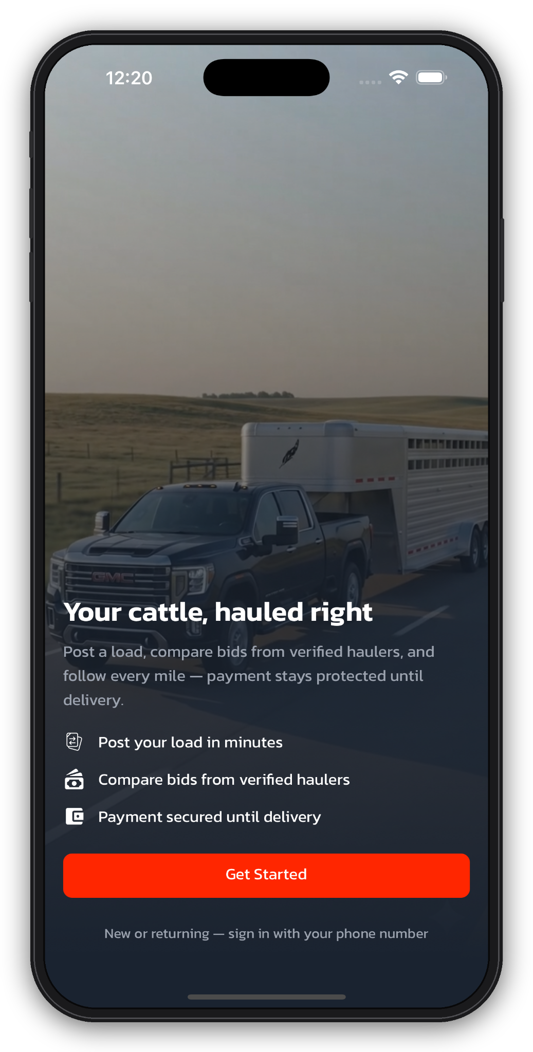 Livestock Lift welcome screen with a truck and livestock trailer, introductory benefits and a Get Started button.