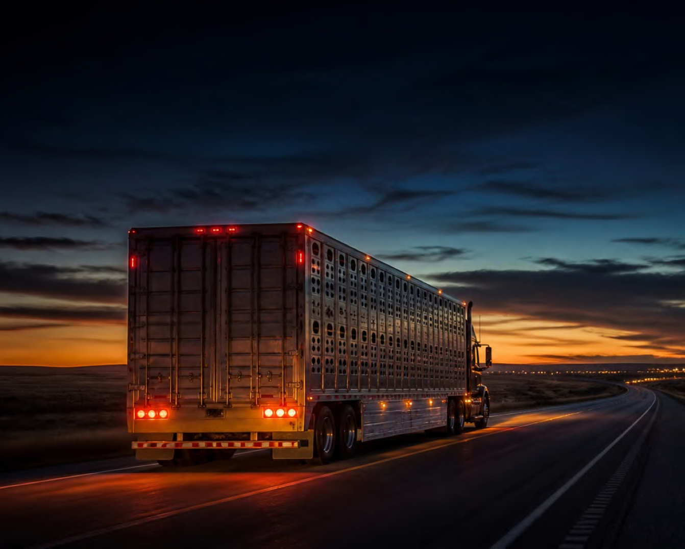 A livestock trailer on a rural road at dusk.