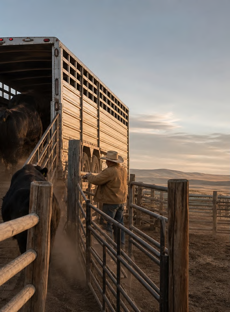 A rancher guiding cattle beside a livestock trailer at a ranch gate at dusk.