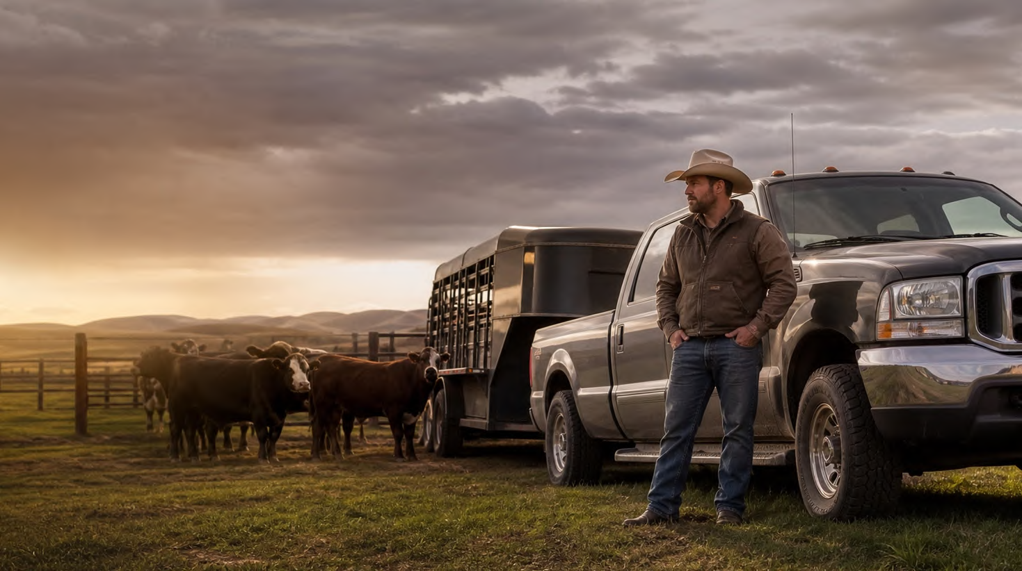 A rancher beside a pickup and livestock trailer, with cattle gathered at the ranch in evening light.