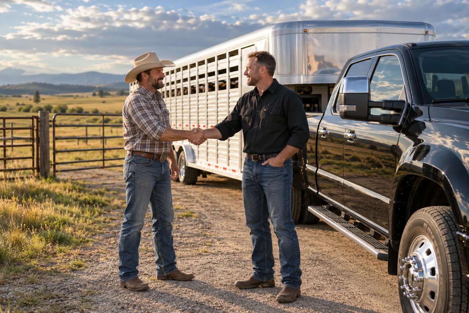 A smiling rancher and hauler shake hands beside a new black dually and silver cattle trailer at the ranch gate.
